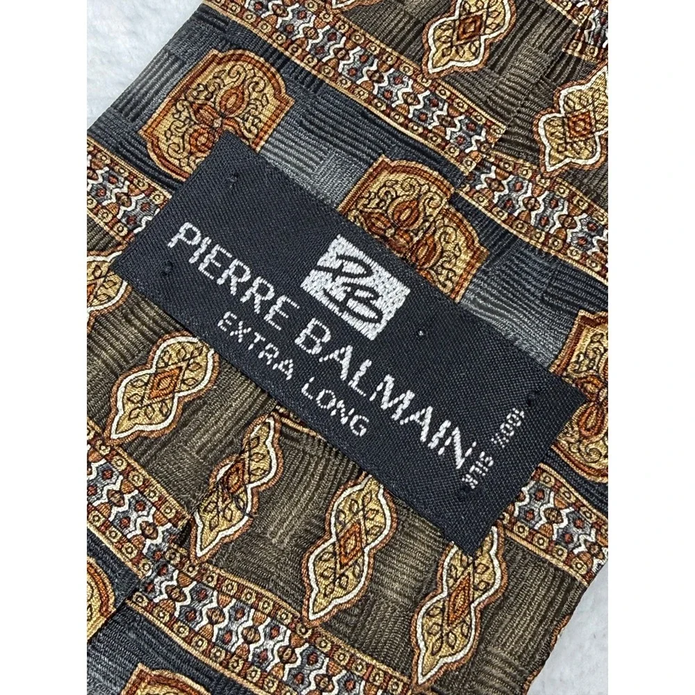 Pierre Balmain Mens Extra Long Silk Tie Grey Gold Geometric Medallion USA Made‎